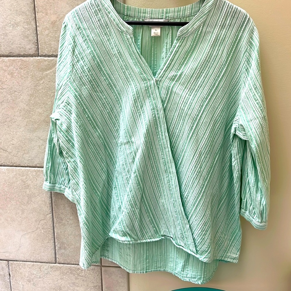 Christopher Banks 3/4 sleeve cotton surplice blouse, green popover